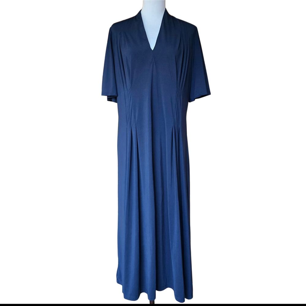 J. McLaughlin Shiloh Size L Stretch Flutter Sleeve Pleated Navy Blue Dress VNeck